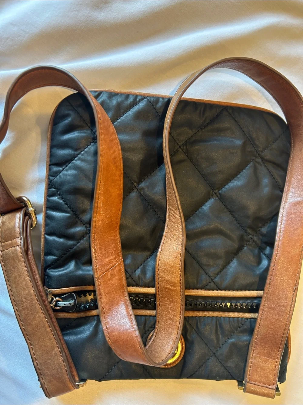 Tory Burch Black Quilted Nylon Crossbody Bag Brown Leather Trim Gold Logo